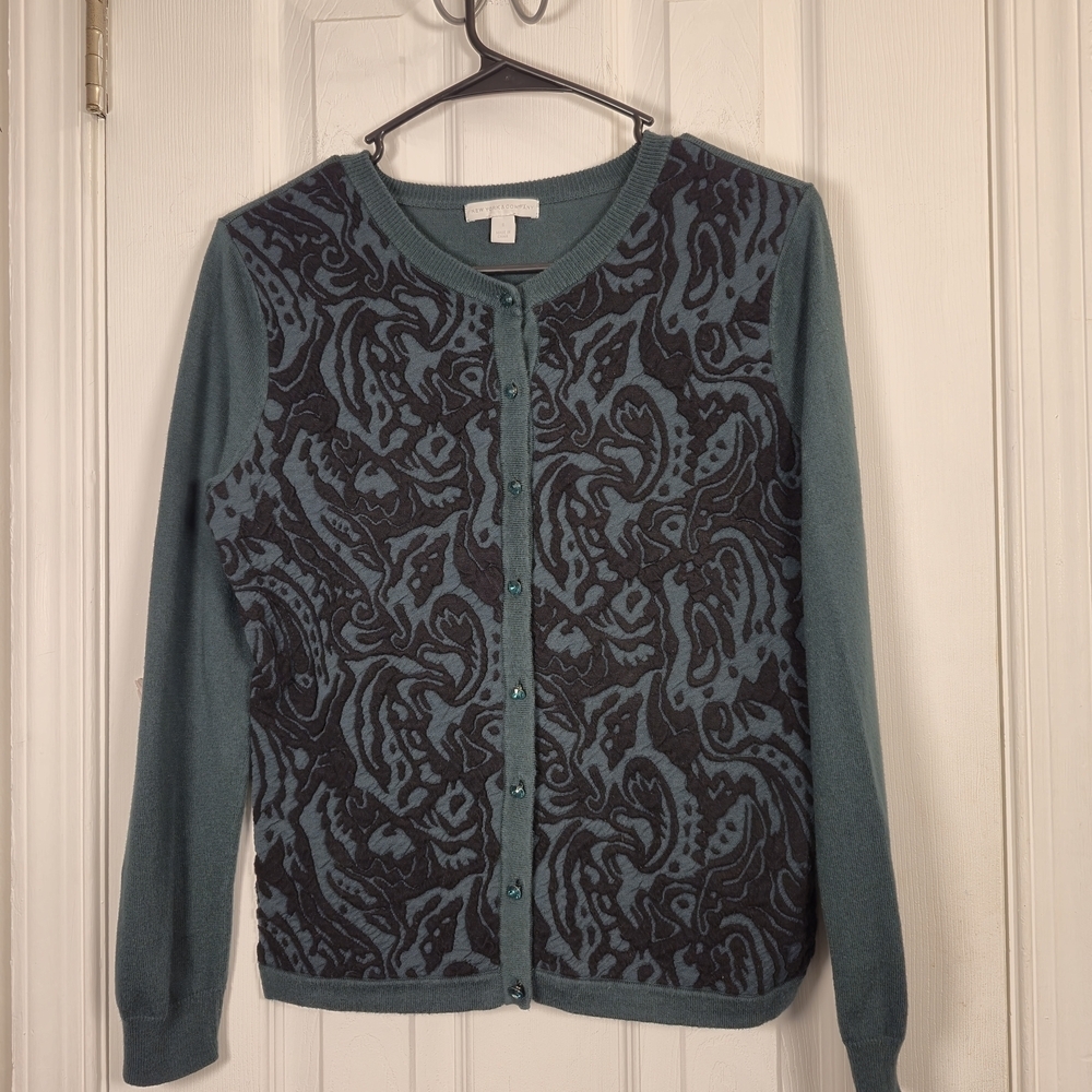 New York & Company Teal Paisley Textured Knit Button Front Cardigan Small